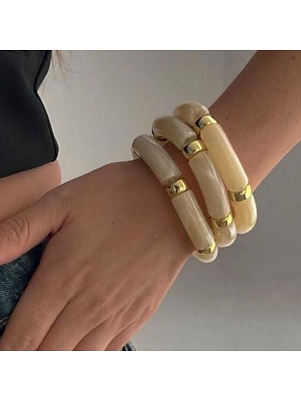 6pcs Chunky Acrylic Bangle Bracelets Resin Bamboo Brown and Pearl White Tone - Picture 2 of 10